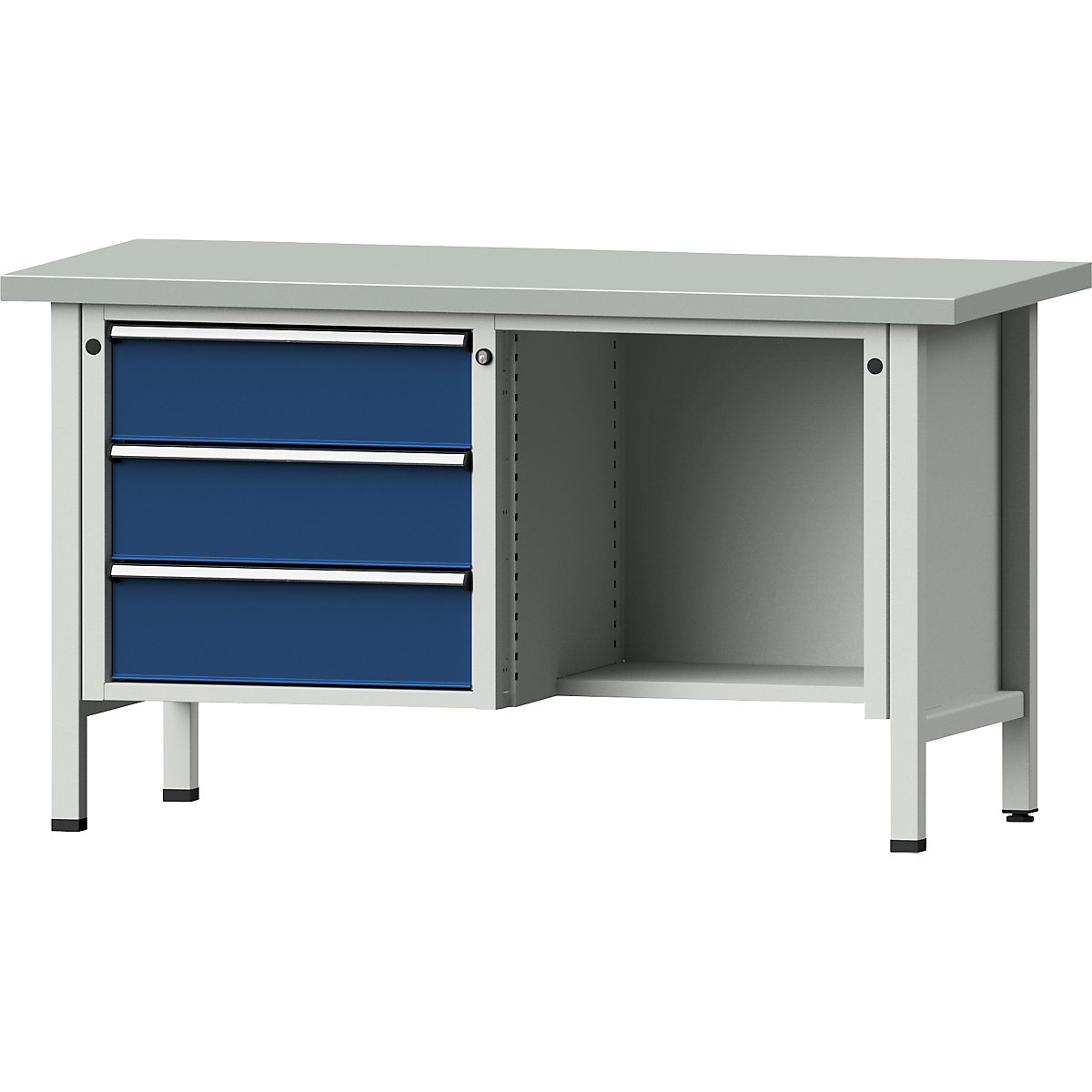 Workbench, frame construction – ANKE, 3 drawers, ½ shelf, sheet steel covering, full extension-11