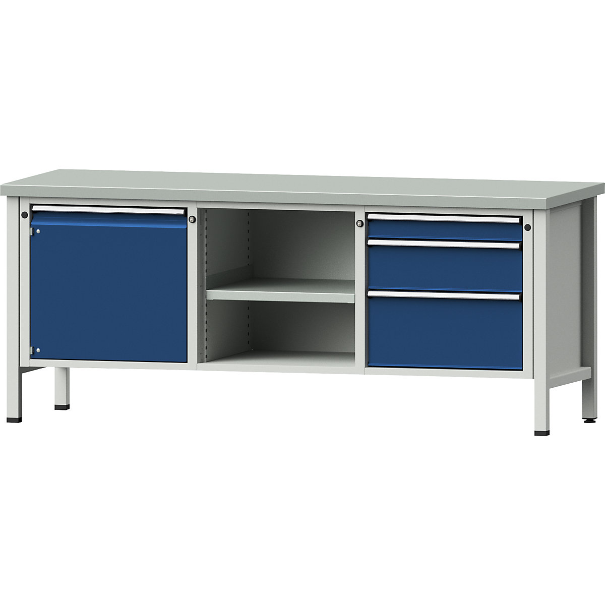 Workbench, frame construction – ANKE, 1 door 540 mm, 3 drawers, sheet steel covering, partial extension-9