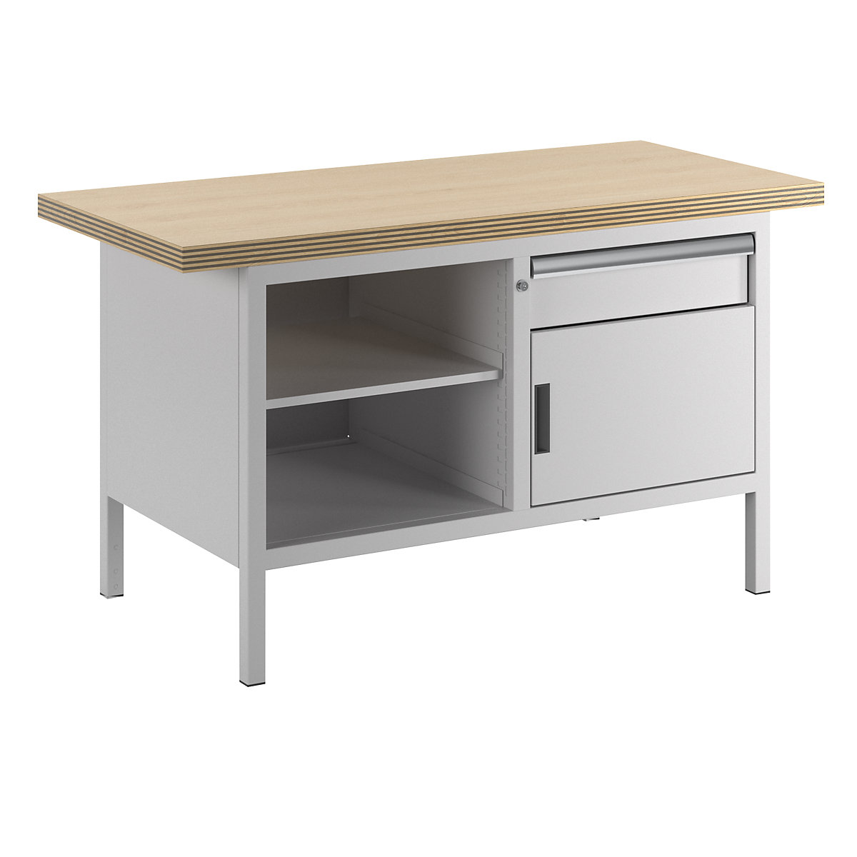 Workbench, frame construction – LISTA, 1 drawer, 1 door, 3 shelves, body light grey, front light grey-3