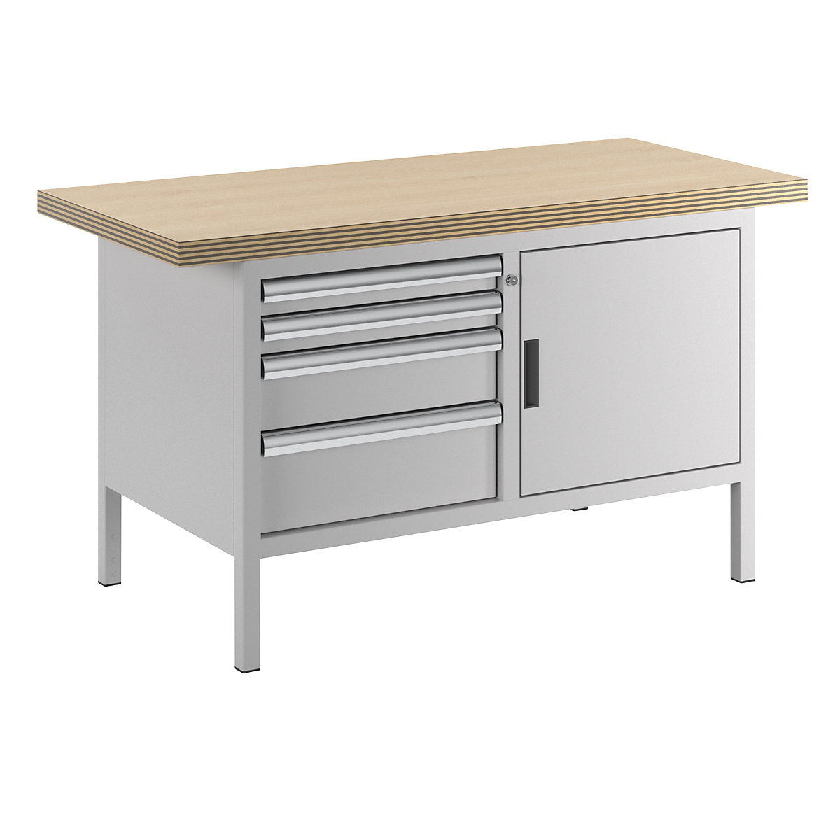 Workbench, frame construction – LISTA, width 1500 mm, 4 drawers, 1 door, body light grey, front light grey-3
