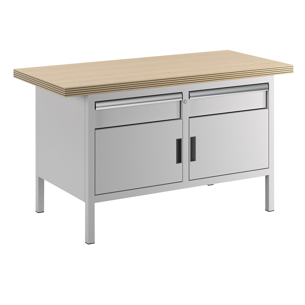 Workbench, frame construction – LISTA, width 1500 mm, 2 drawers, 2 doors, body light grey, front light grey-3