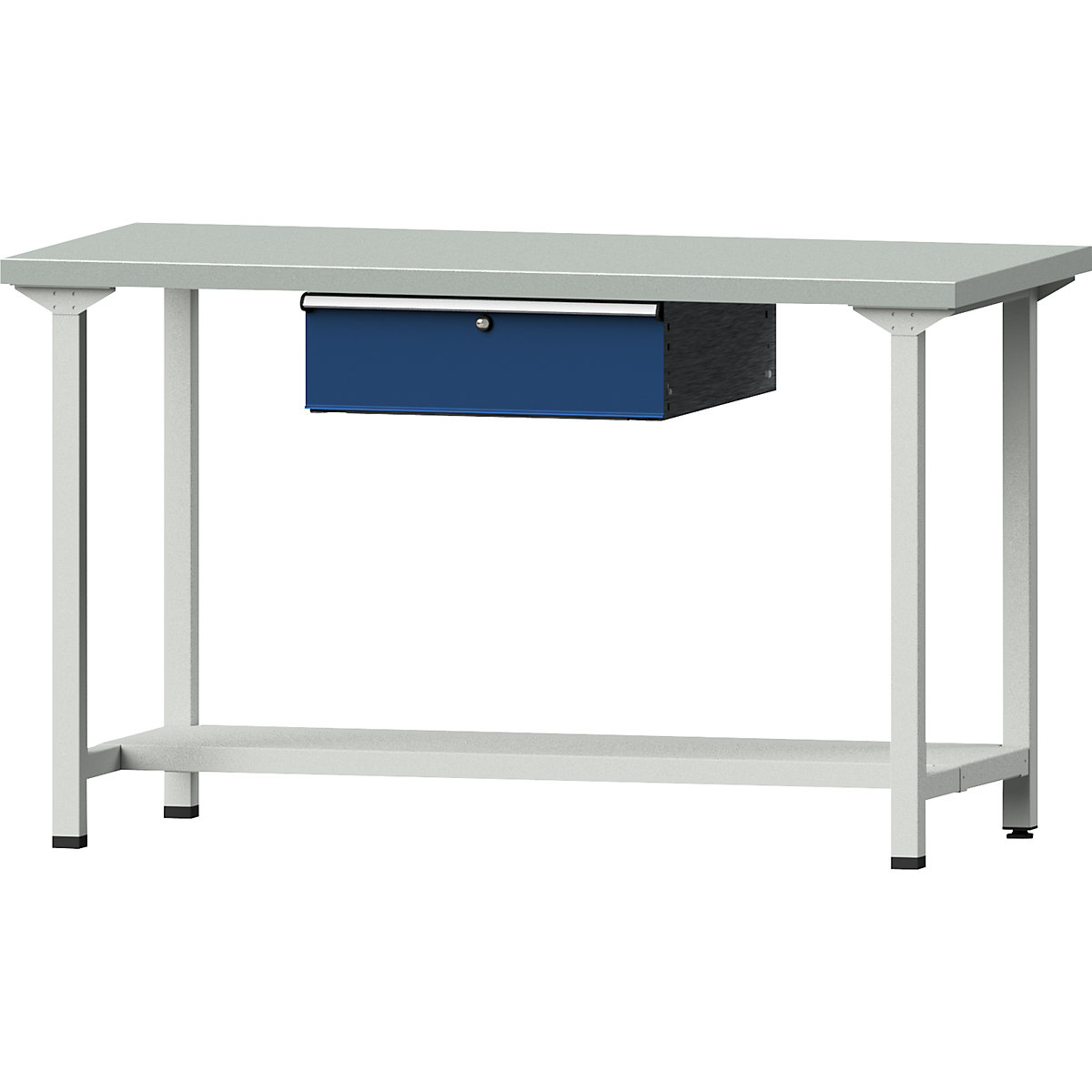 Workbench, frame construction – ANKE, 1 drawer, 1 shelf, width 1500 mm, height 890 mm, steel sheet covered worktop-12