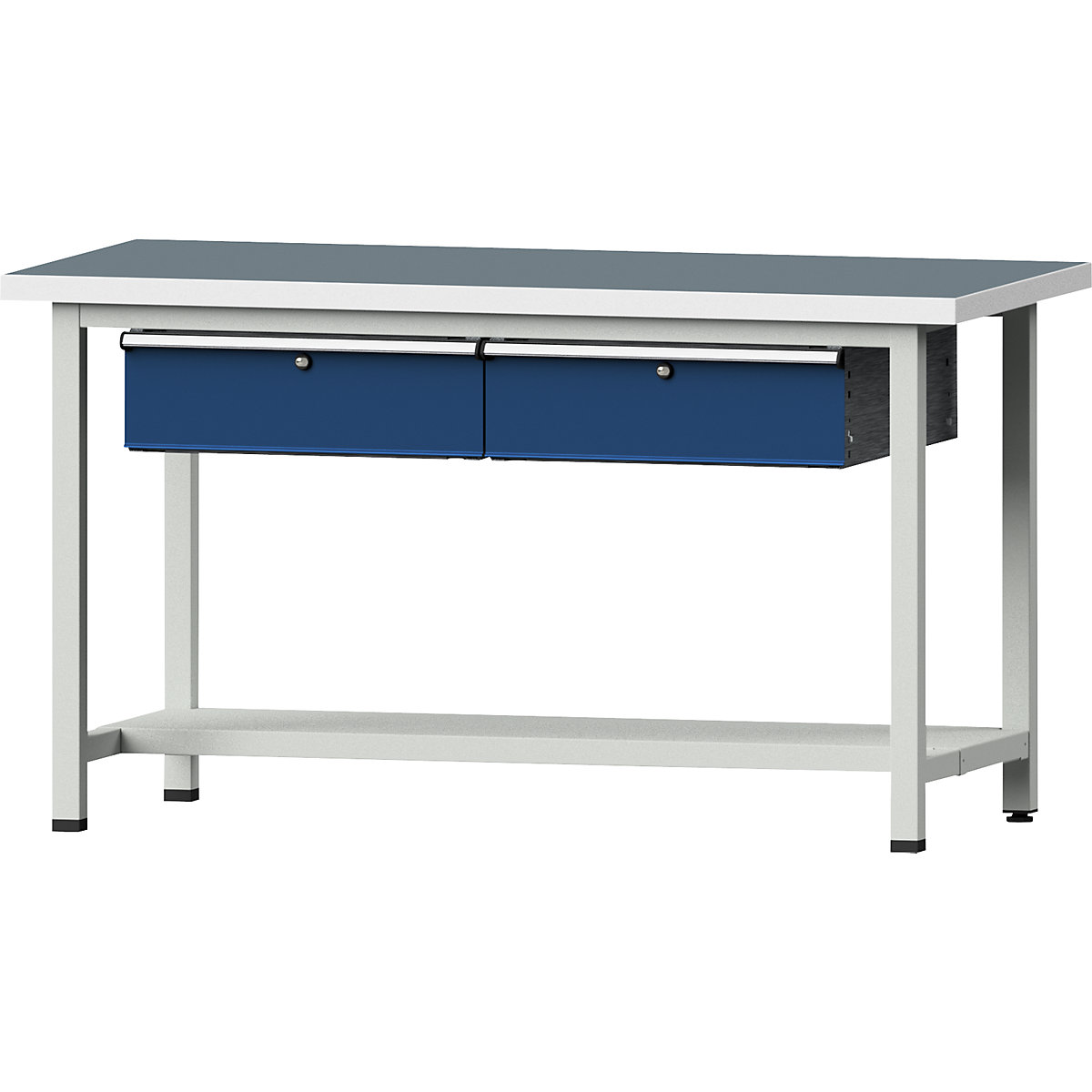 Workbench, frame construction – ANKE, 2 drawers, 1 shelf, width 1500 mm, universal worktop, height 890 mm-12