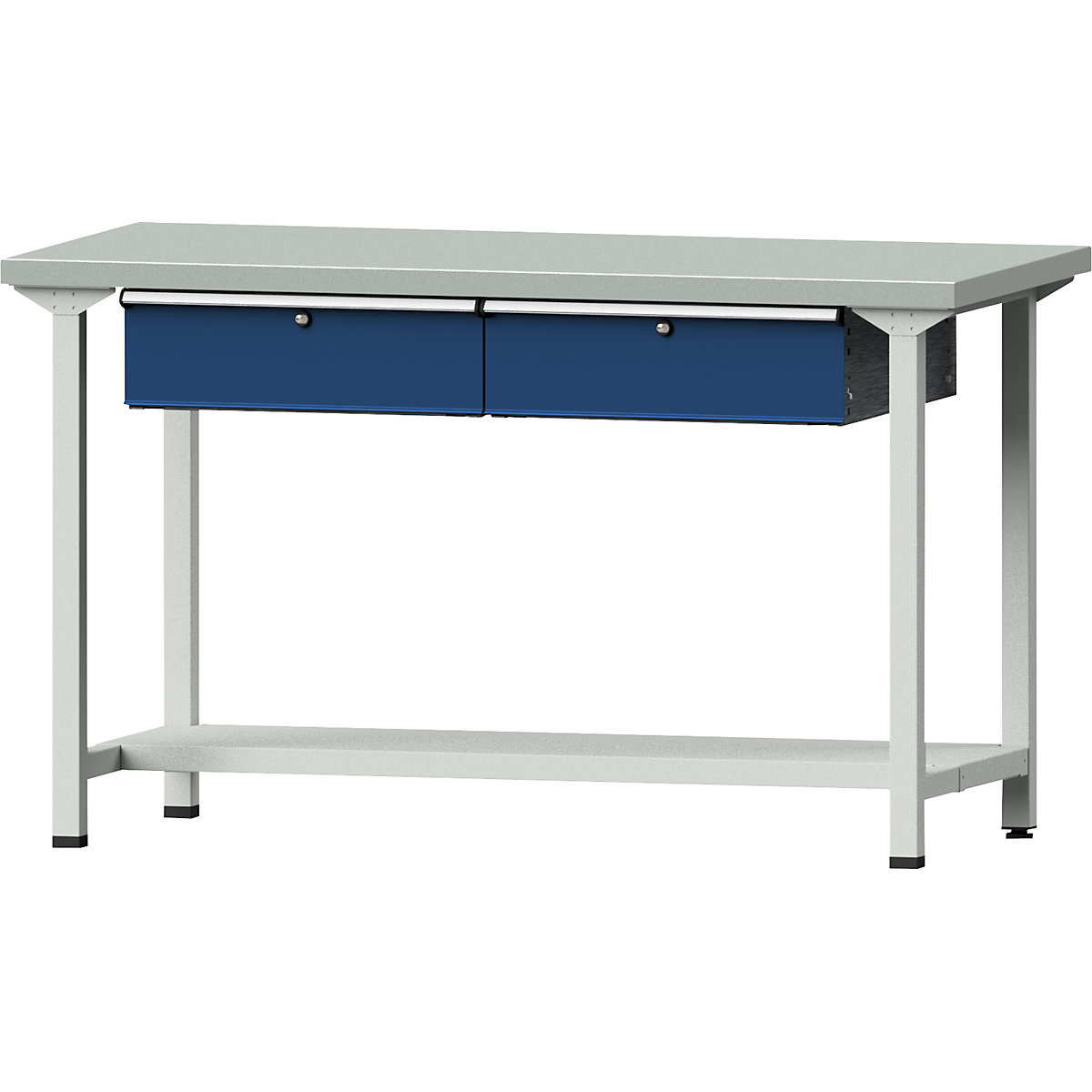 Workbench, frame construction – ANKE, 2 drawers, 1 shelf, width 1500 mm, sheet steel covered worktop, height 890 mm-11