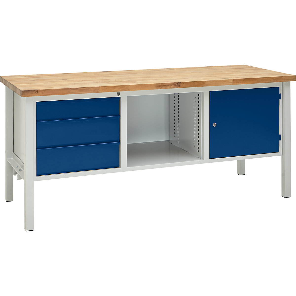 Workbench, frame construction, width 2000 mm, 3 drawers 1 x 125 / 2 x 175 mm, 1 x 475 mm door, light grey/gentian blue-6