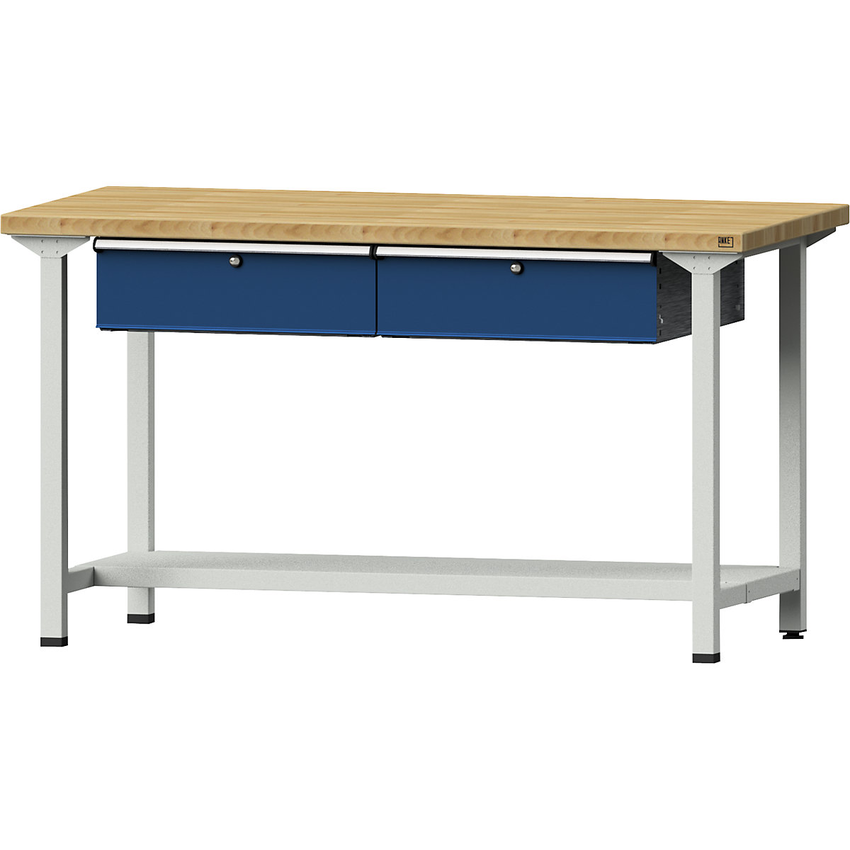 Workbench, frame construction – ANKE, 2 drawers, 1 shelf, width 1500 mm, solid beech worktop-8