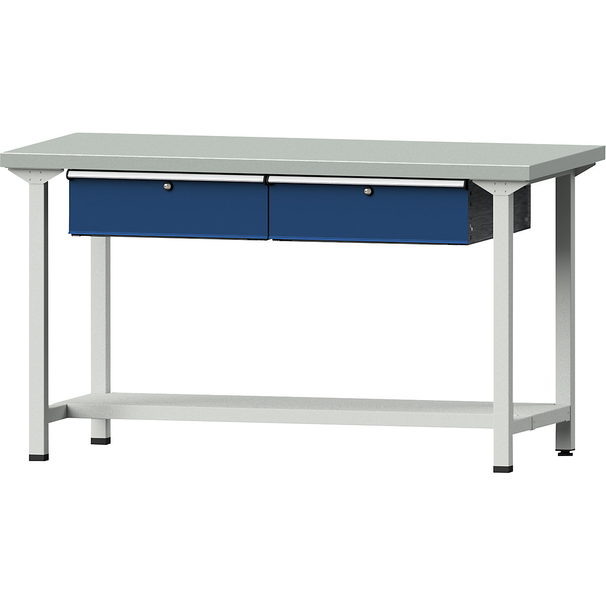 Workbench, frame construction – ANKE, 2 drawers, 1 shelf, width 1500 mm, sheet steel covered worktop-10