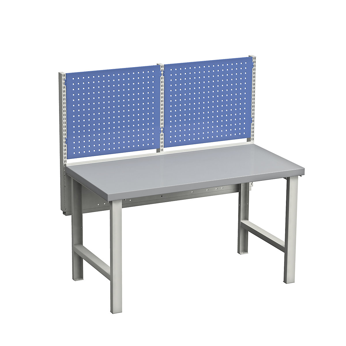 Workbench, modular system – Treston, with 2 perforated panels, sheet steel worktop, WxD 1500 x 750 mm-2