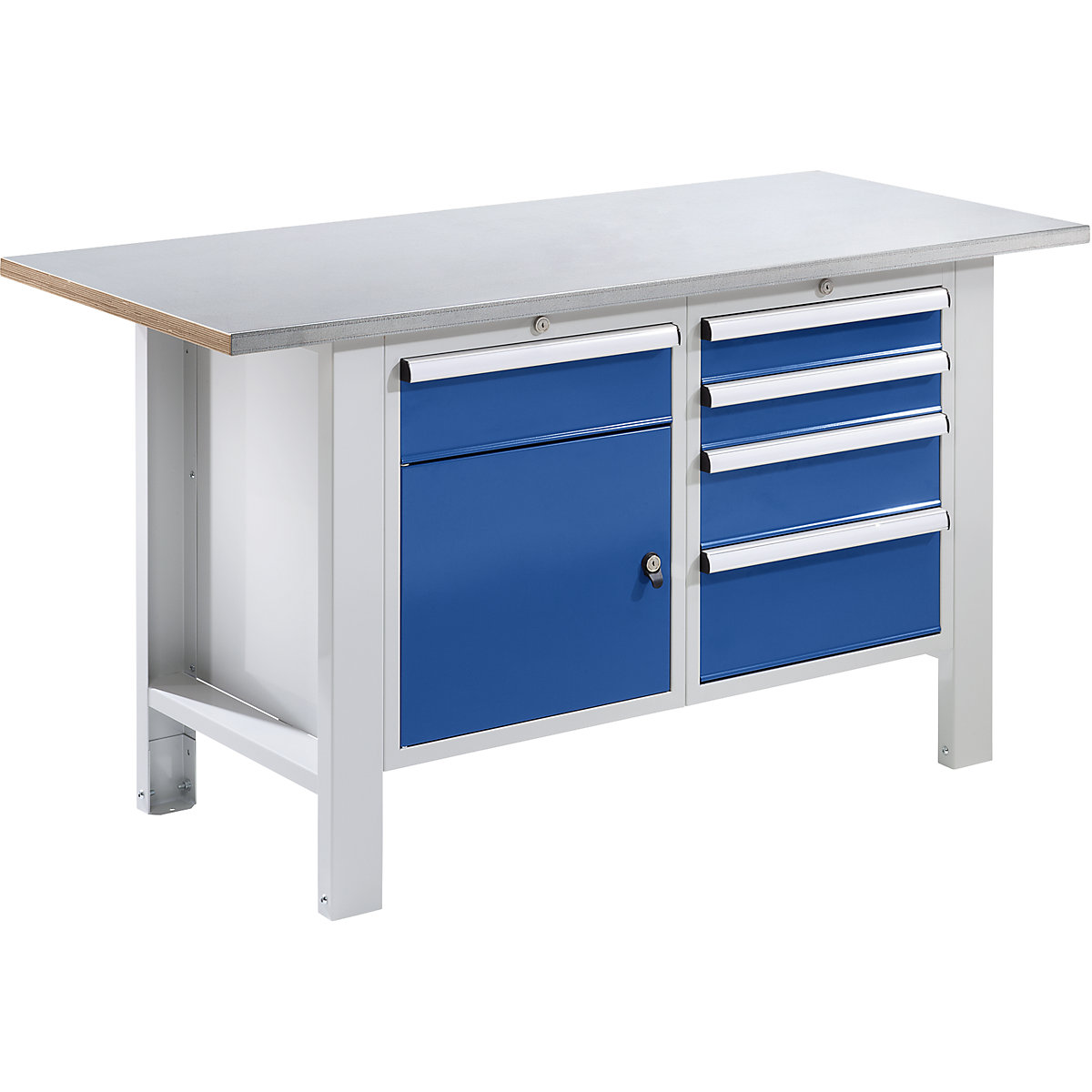 Workbench, modular system – eurokraft basic, worktop width 1500 mm, 5 drawers, 1 door, sheet steel covered worktop-1