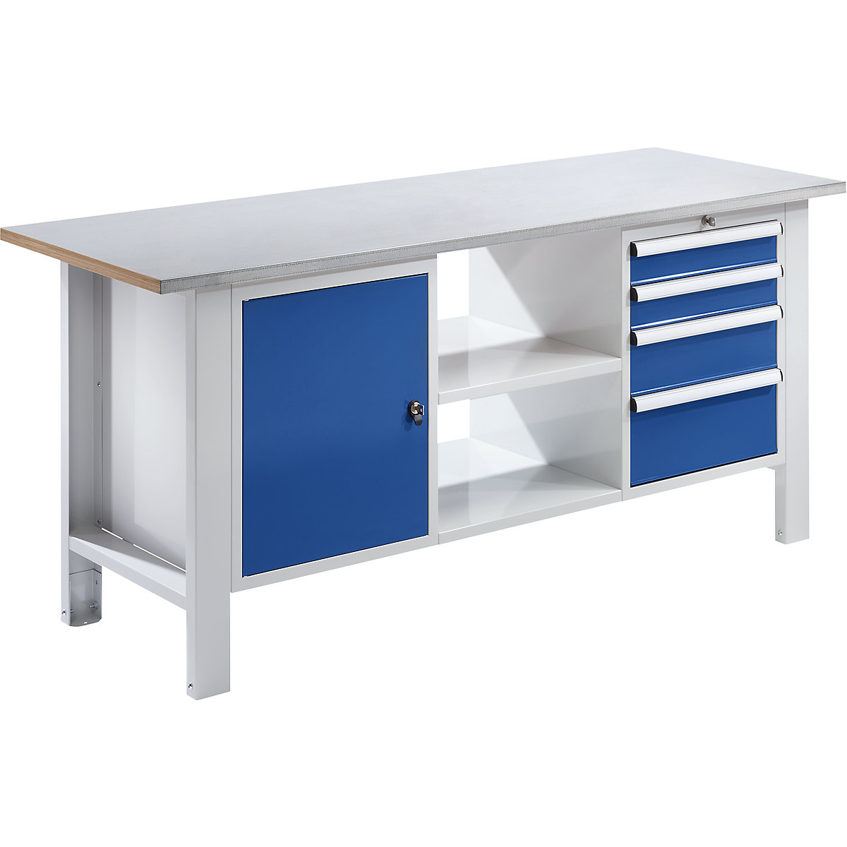 Workbench, modular system – eurokraft basic, worktop width 1850 mm, 4 drawers, 1 door, sheet steel covered worktop-1