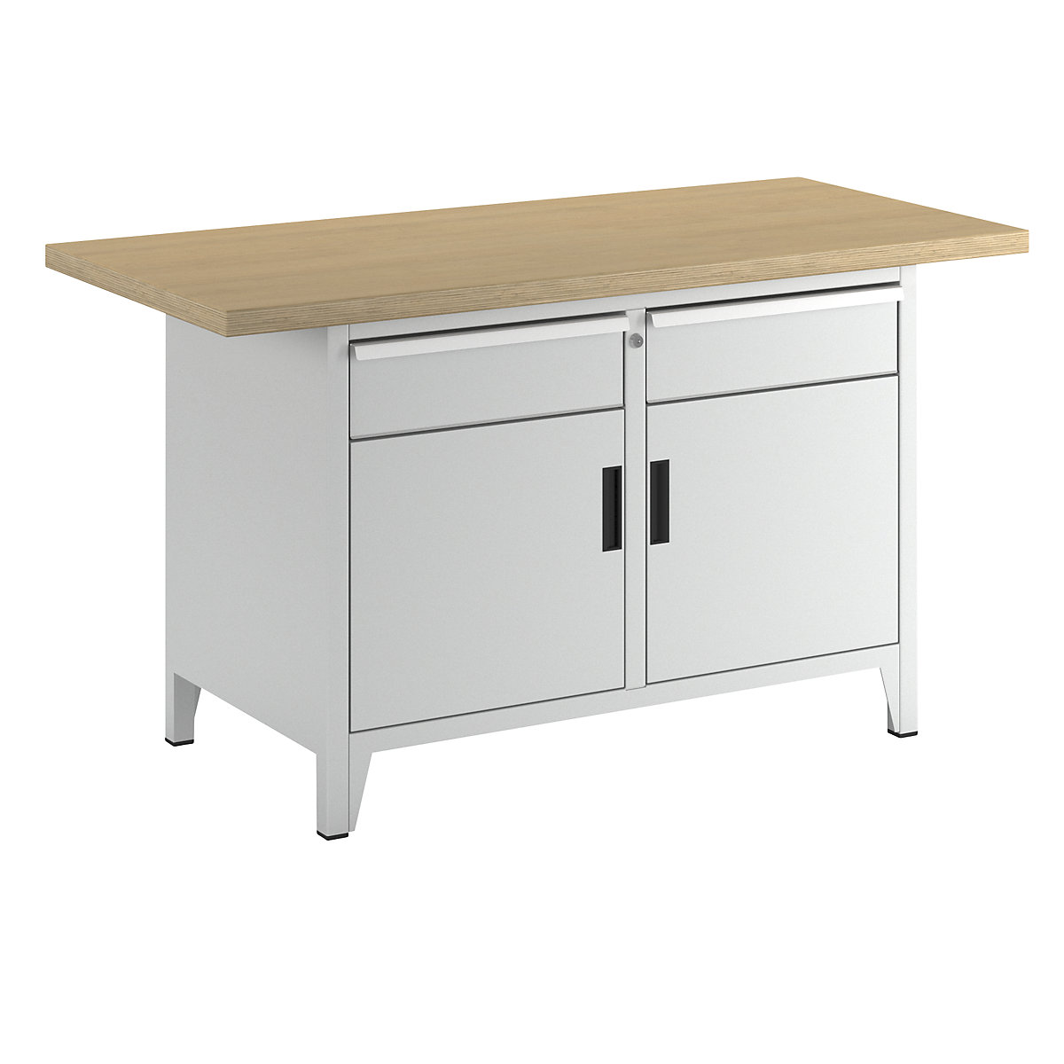 Workbench width 1500 mm, frame construction – LISTA, 2 shelves, 2 drawers, 2 doors, body light grey, front light grey-2