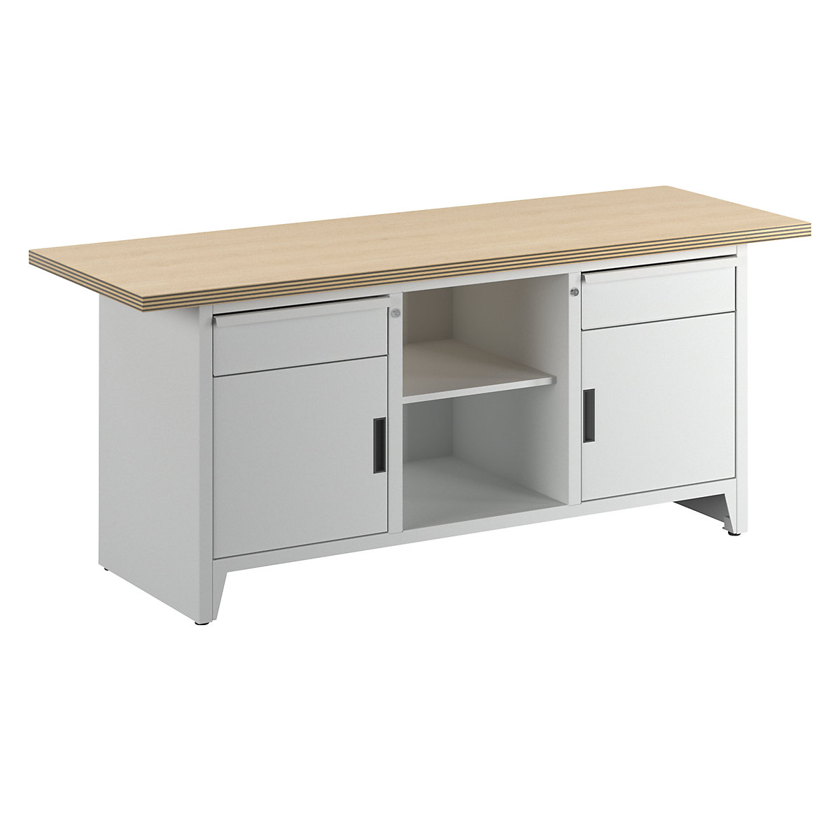 Workbench width 2000 mm, frame construction – LISTA, 2 drawers, 2 doors, 4 shelves, body light grey, front light grey-2