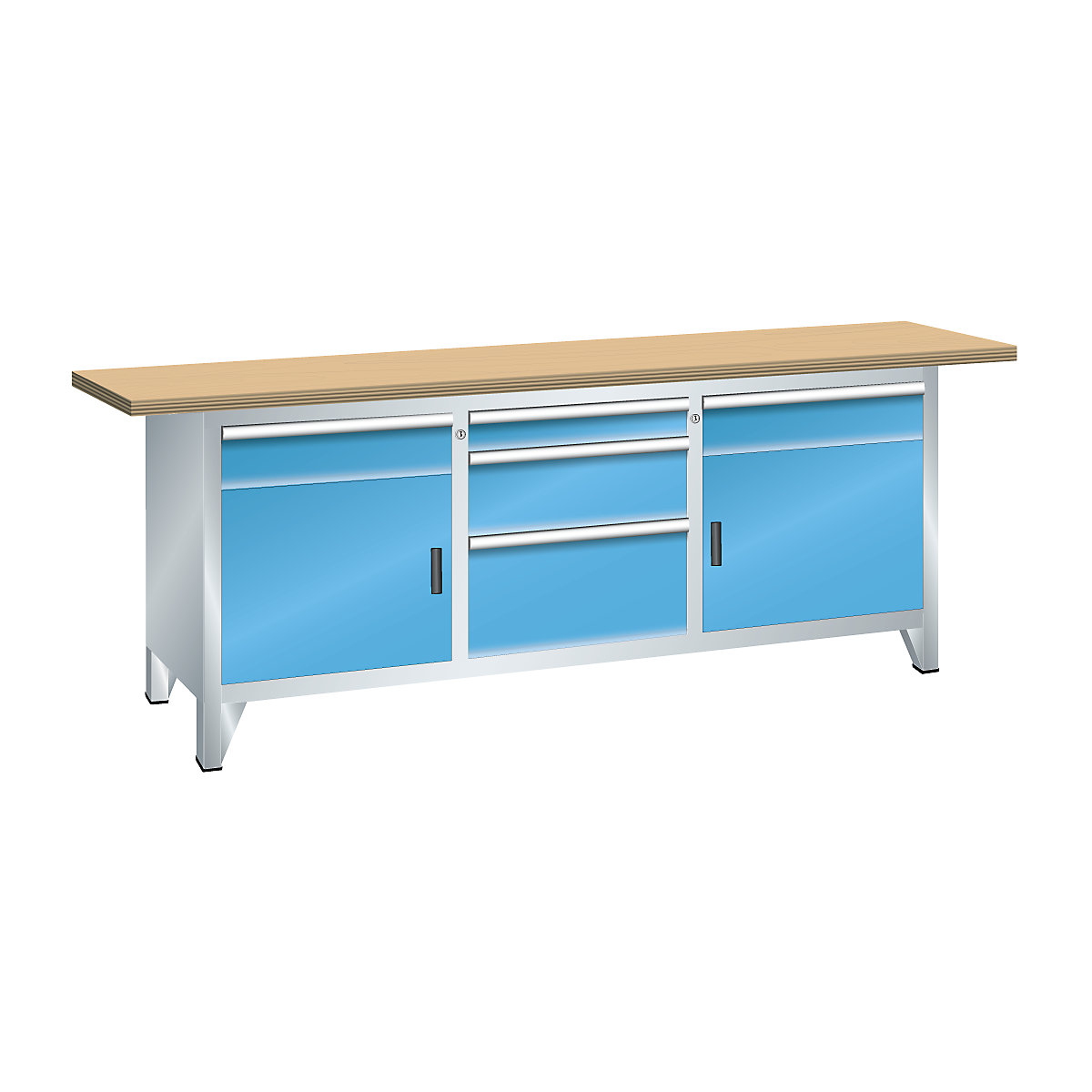 Workbench width 2000 mm, frame construction – LISTA, 5 drawers, 2 doors, 2 shelves, body light grey, front light blue-2