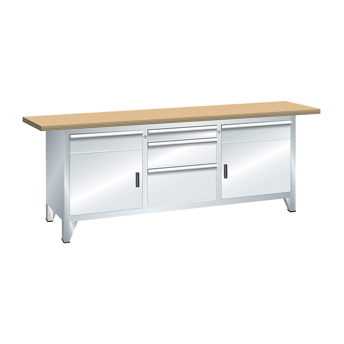 Workbench width 2000 mm, frame construction – LISTA, 5 drawers, 2 doors, 2 shelves, body light grey, front light grey-3