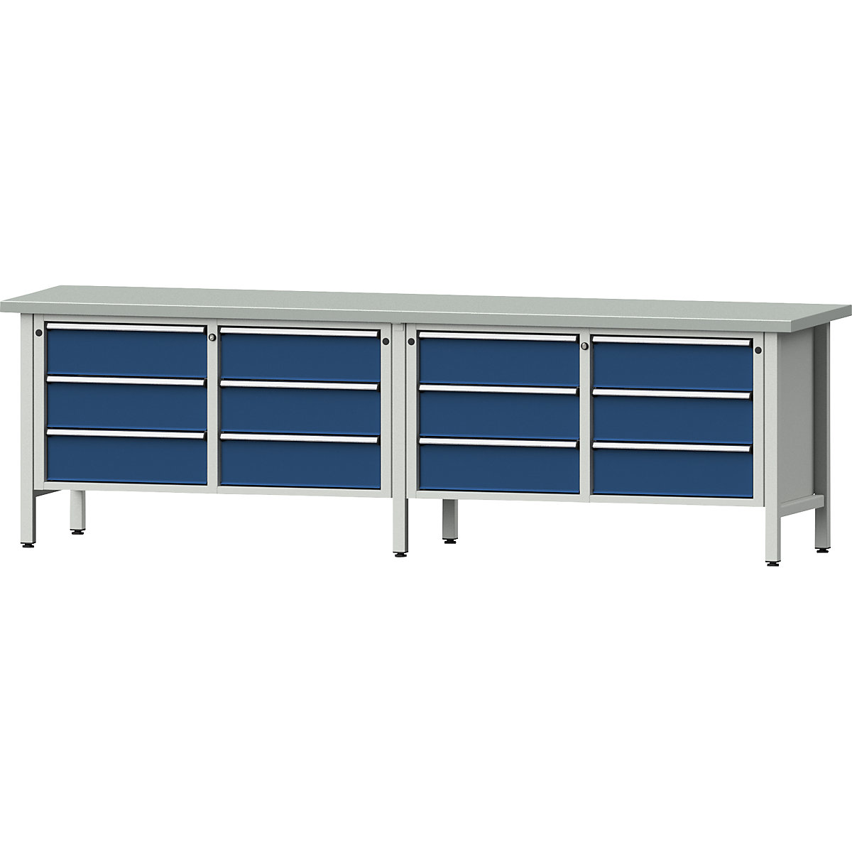 Workbench width 2800 mm, frame construction – ANKE, 12 drawers, 180 mm with partial extension, sheet steel covered worktop-9