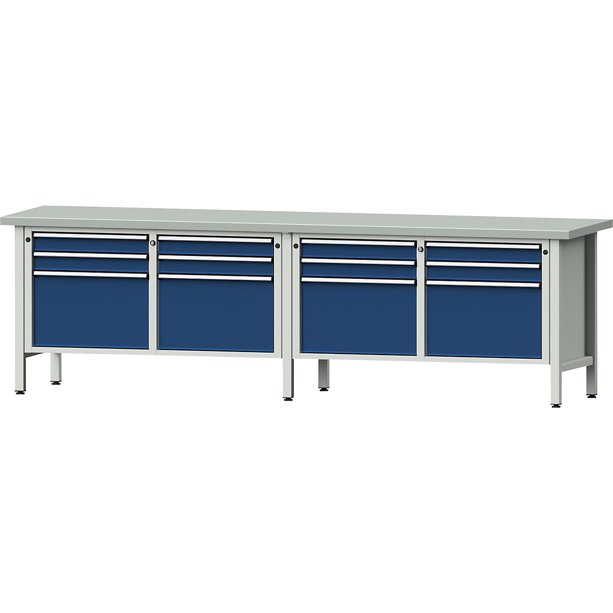 Workbench width 2800 mm, frame construction – ANKE, 12 drawers, 8 x 90 mm, 4 x 360 mm, sheet steel covered worktop-8