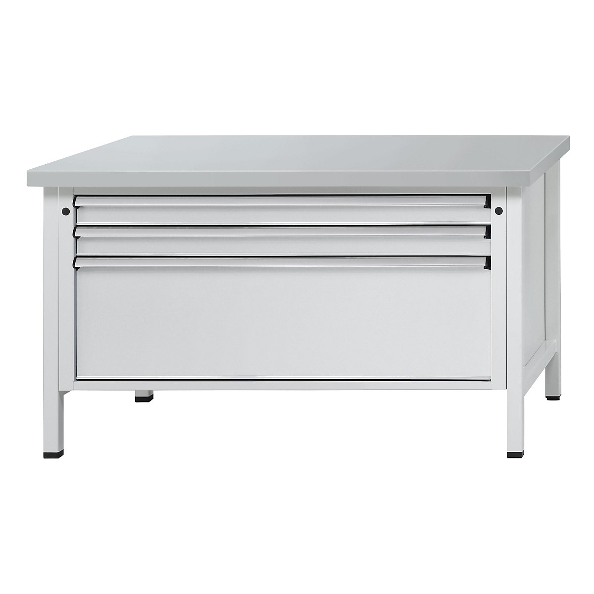 Workbench with XL/XXL drawers, frame construction – ANKE, width 1500 mm, 3 drawers, sheet steel covered worktop, front in light grey-10