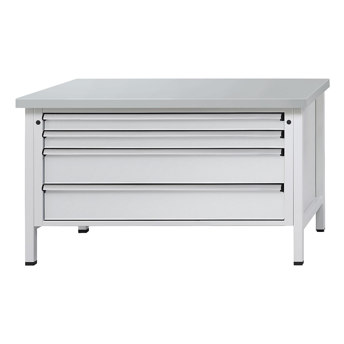 Workbench with XL/XXL drawers, frame construction – ANKE, width 1500 mm, 4 drawers, sheet steel covered worktop, front in light grey-9