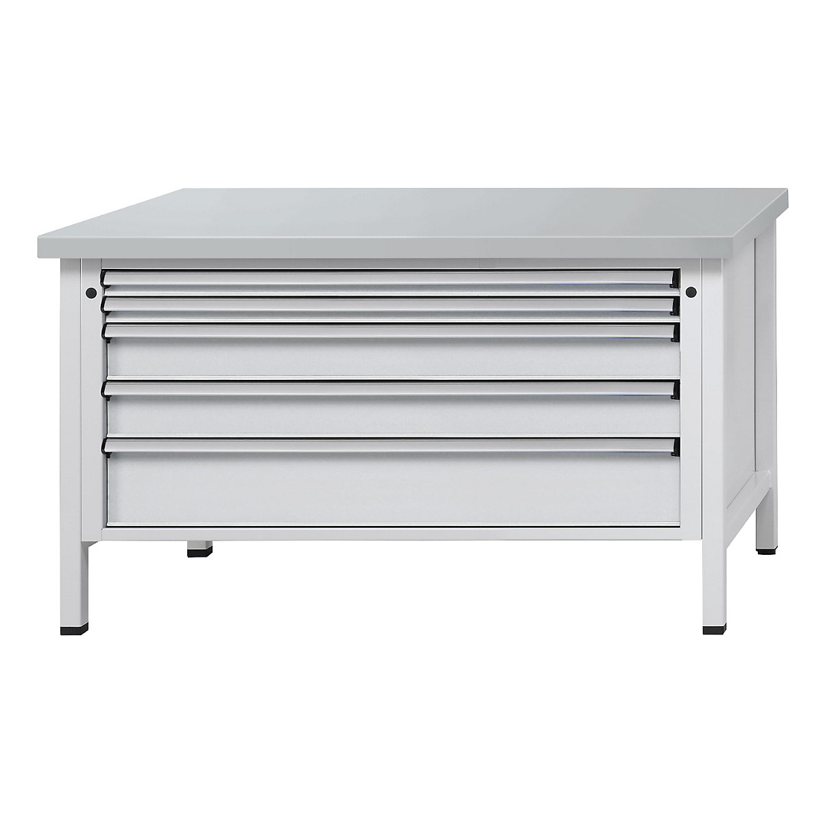 Workbench with XL/XXL drawers, frame construction – ANKE, width 1500 mm, 5 drawers, sheet steel covered worktop, front in light grey-11