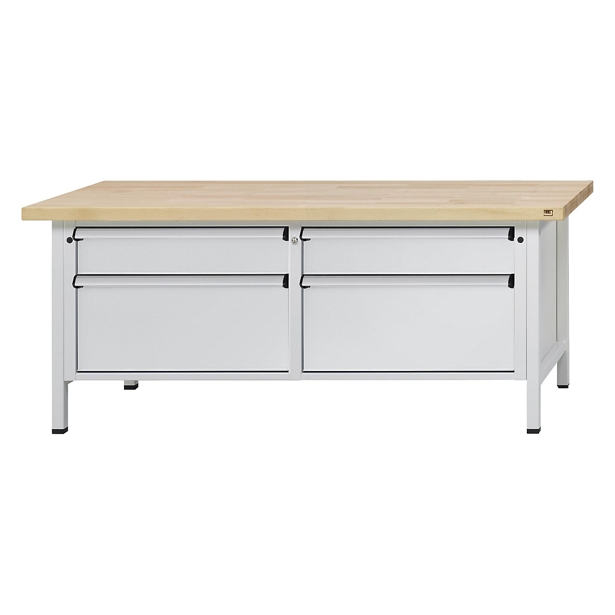 Workbench with XL/XXL drawers, frame construction – ANKE, width 2000 mm, 4 drawers, solid beech worktop, front in light grey-12