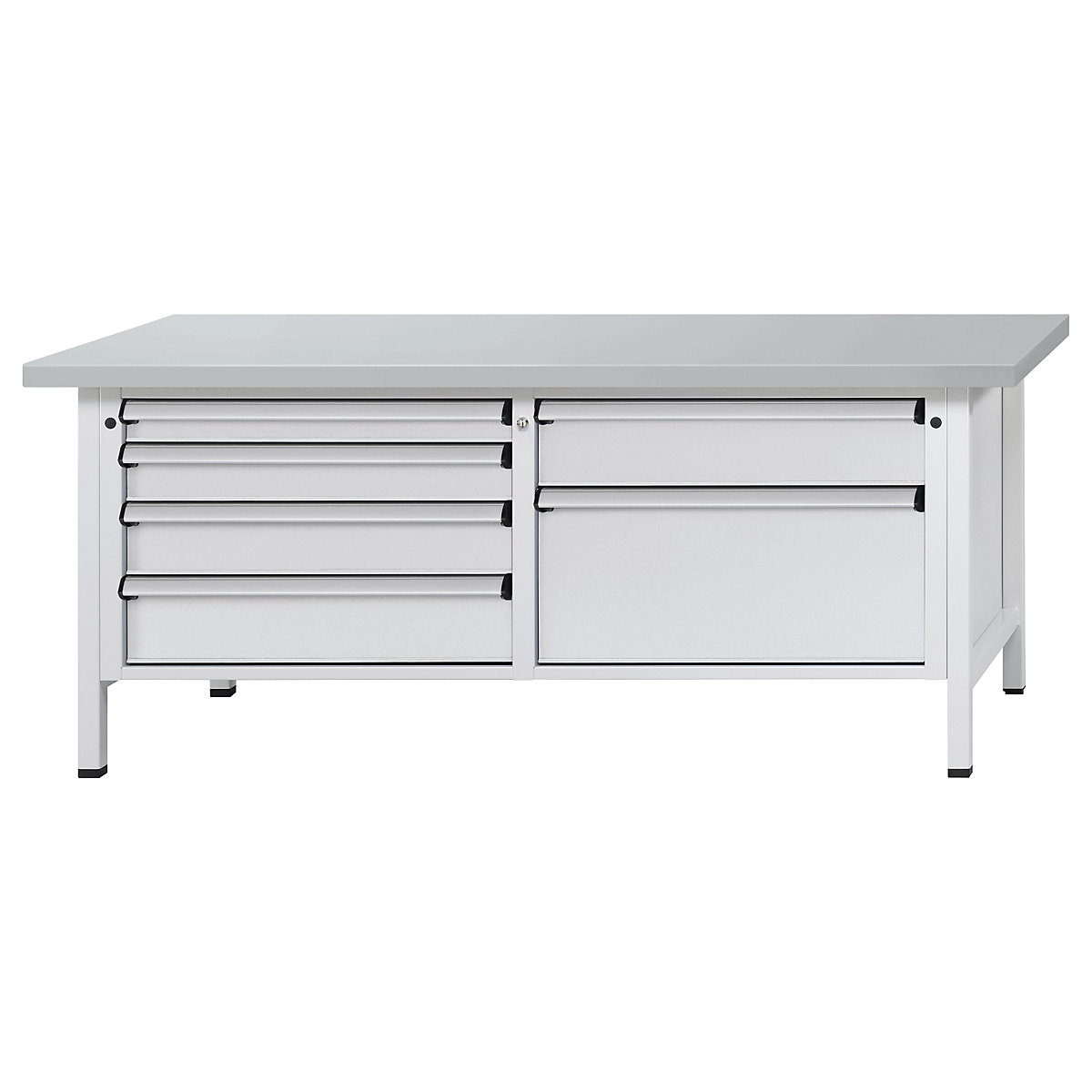 Workbench with XL/XXL drawers, frame construction – ANKE, width 2000 mm, 6 drawers, sheet steel covered worktop, front in light grey-11