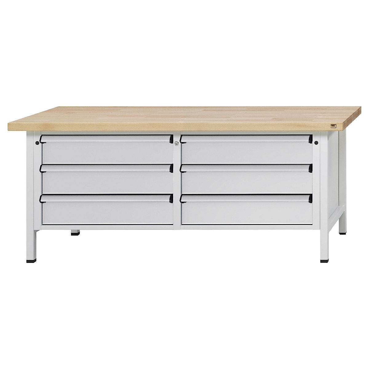 Workbench with XL/XXL drawers, frame construction – ANKE, width 2000 mm, 6 x 180 mm drawers, solid beech worktop, front in light grey-13