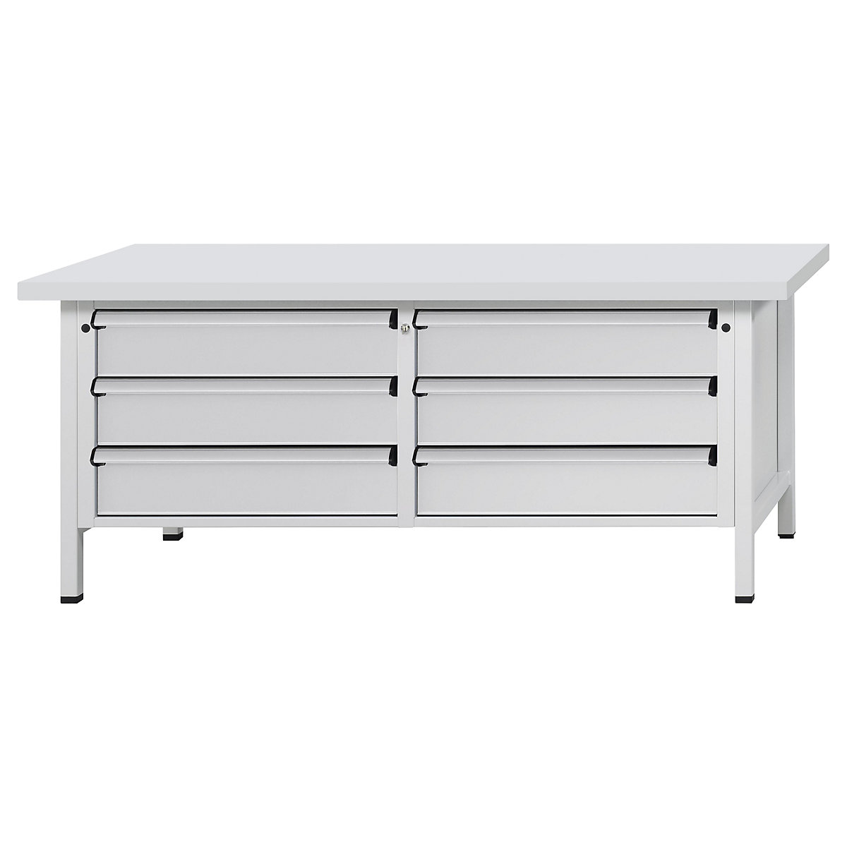 Workbench with XL/XXL drawers, frame construction – ANKE, width 2000 mm, 6 x 180 mm drawers, universal worktop, front in light grey-9