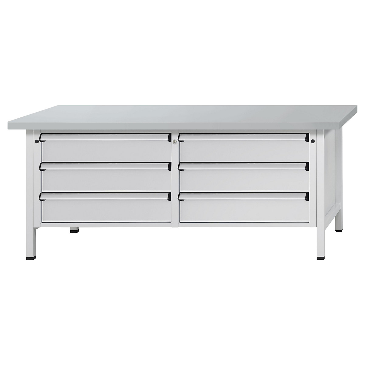 Workbench with XL/XXL drawers, frame construction – ANKE, width 2000 mm, 6 x 180 mm drawers, sheet steel covered worktop, front in light grey-12