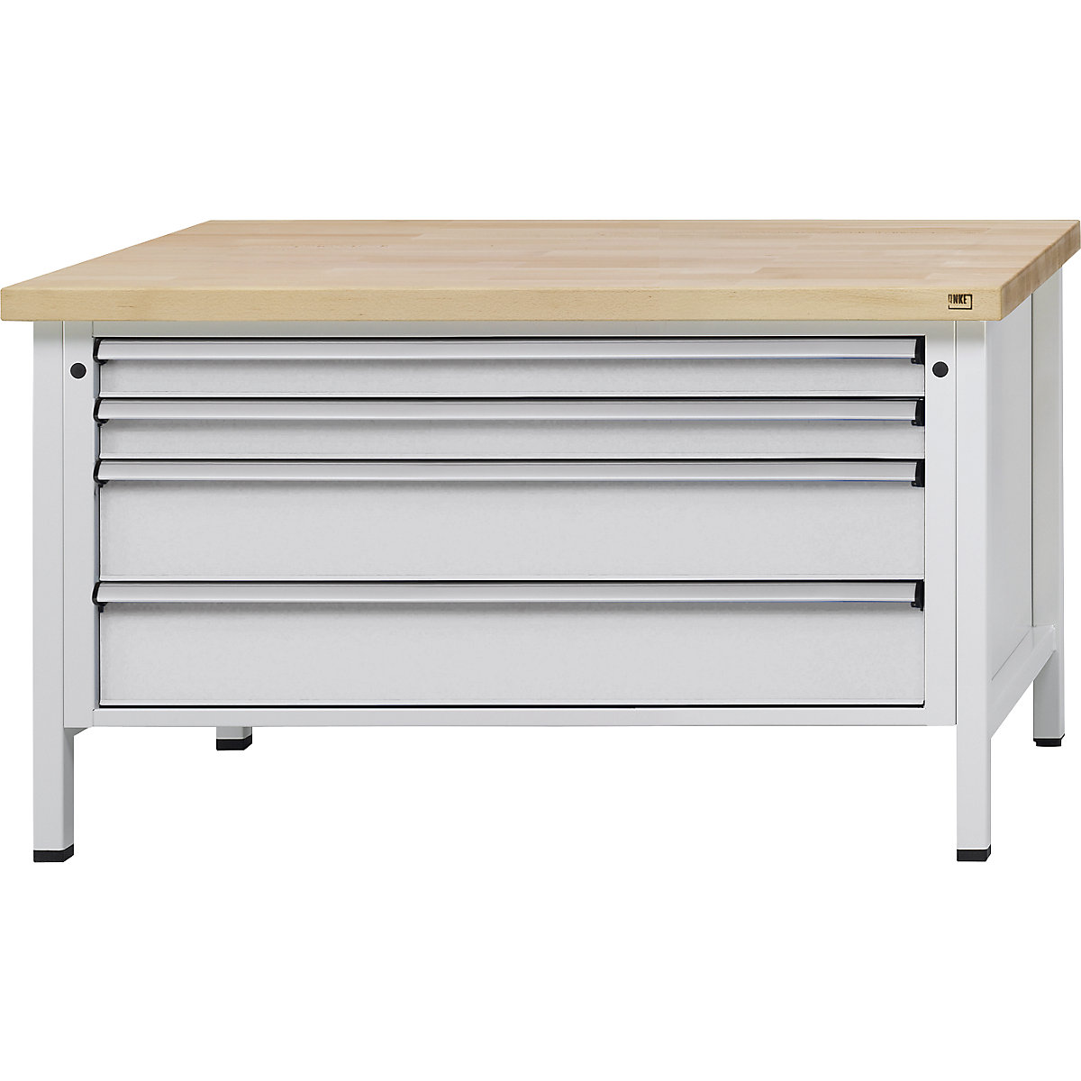 Workbench with XL/XXL drawers, frame construction – ANKE, width 1500 mm, 4 drawers, solid beech worktop, front in light grey-12