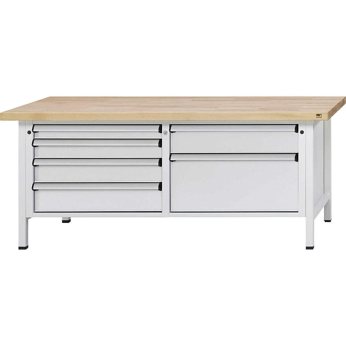 Workbench with XL/XXL drawers, frame construction – ANKE, width 2000 mm, 6 drawers, solid beech worktop, front in light grey-13