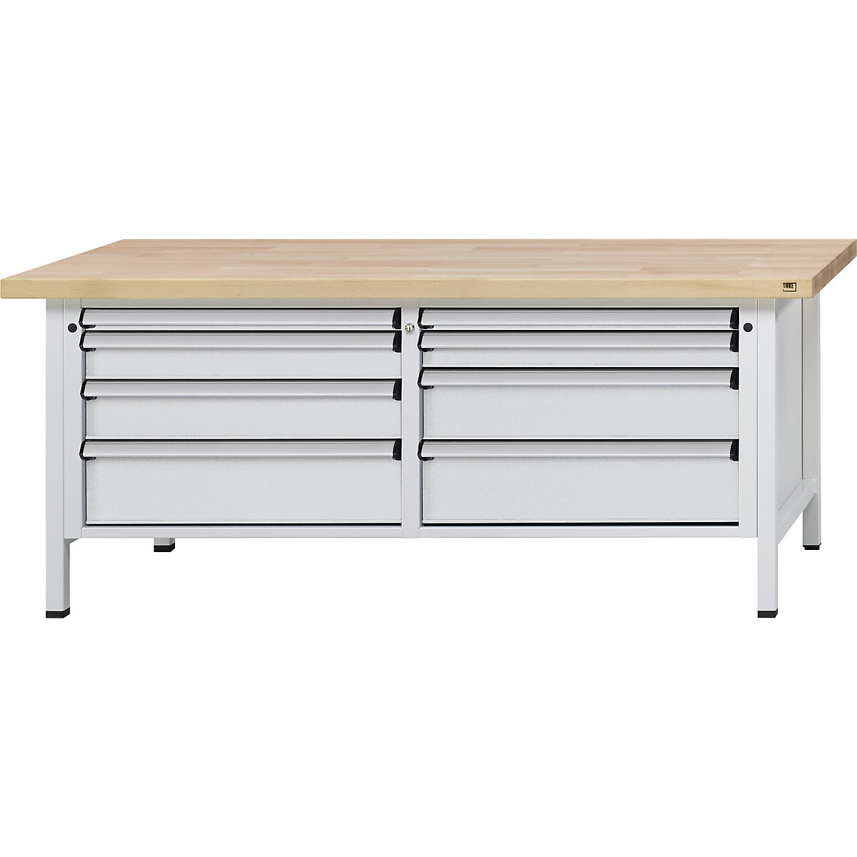 Workbench with XL/XXL drawers, frame construction – ANKE, width 2000 mm, 8 drawers, solid beech worktop, front in light grey-12