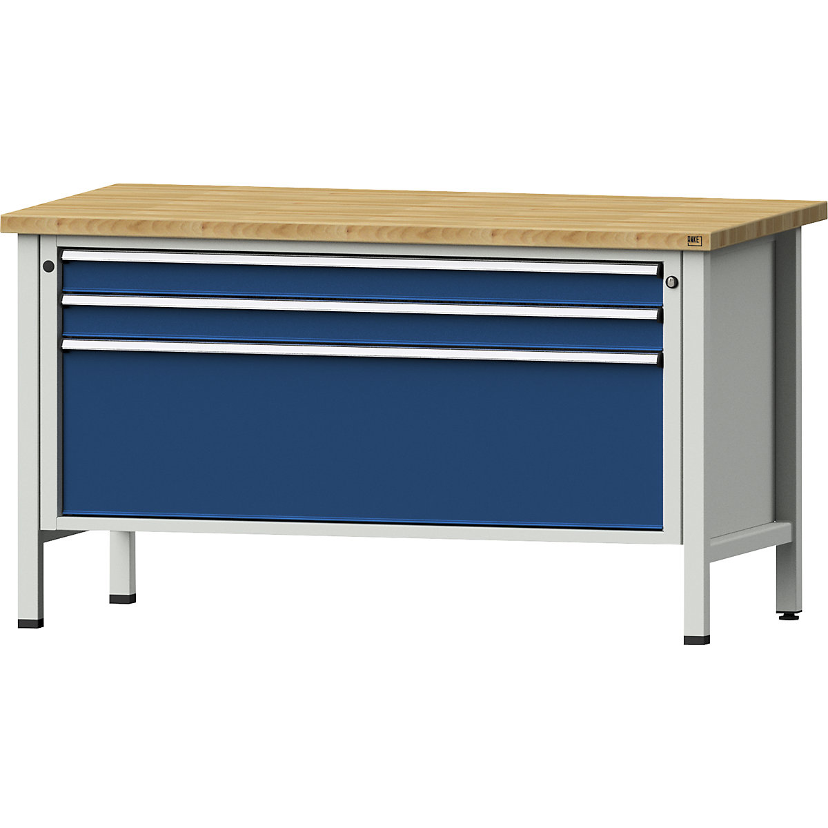 Workbench with XL/XXL drawers, frame construction – ANKE, width 1500 mm, 3 drawers, solid beech worktop, front in gentian blue-11