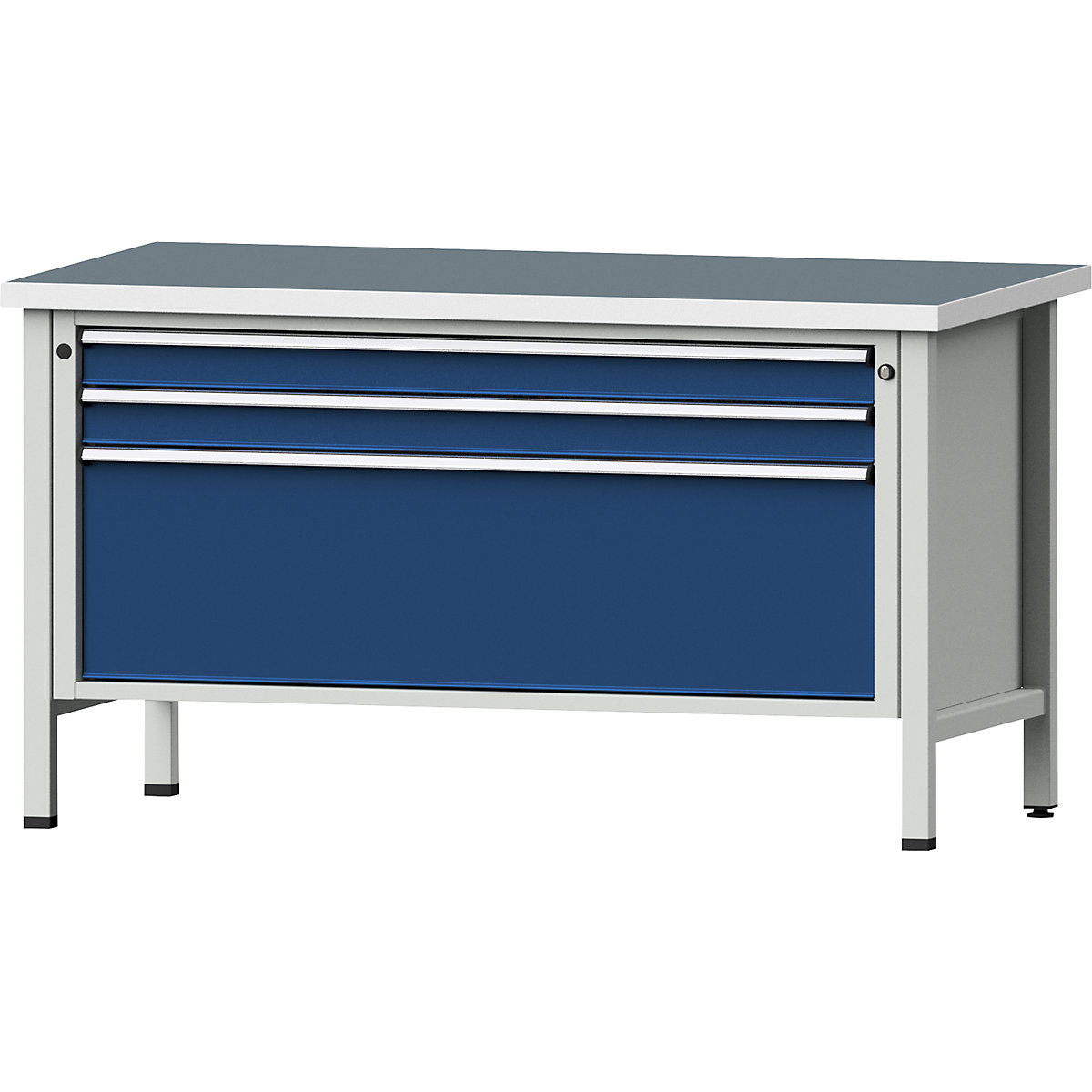 Workbench with XL/XXL drawers, frame construction – ANKE, width 1500 mm, 3 drawers, universal worktop, front in gentian blue-9