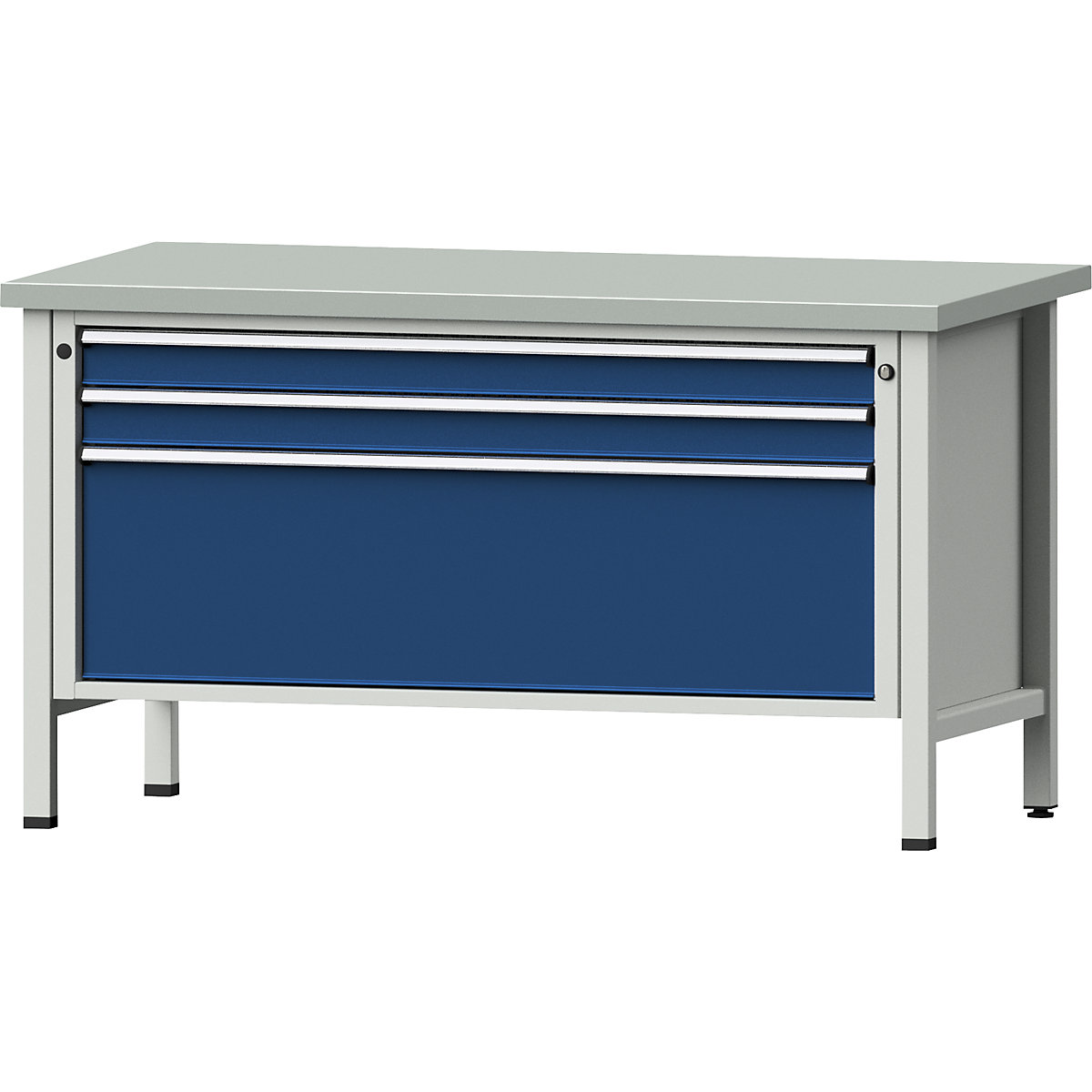 Workbench with XL/XXL drawers, frame construction – ANKE, width 1500 mm, 3 drawers, sheet steel covered worktop, front in gentian blue-13
