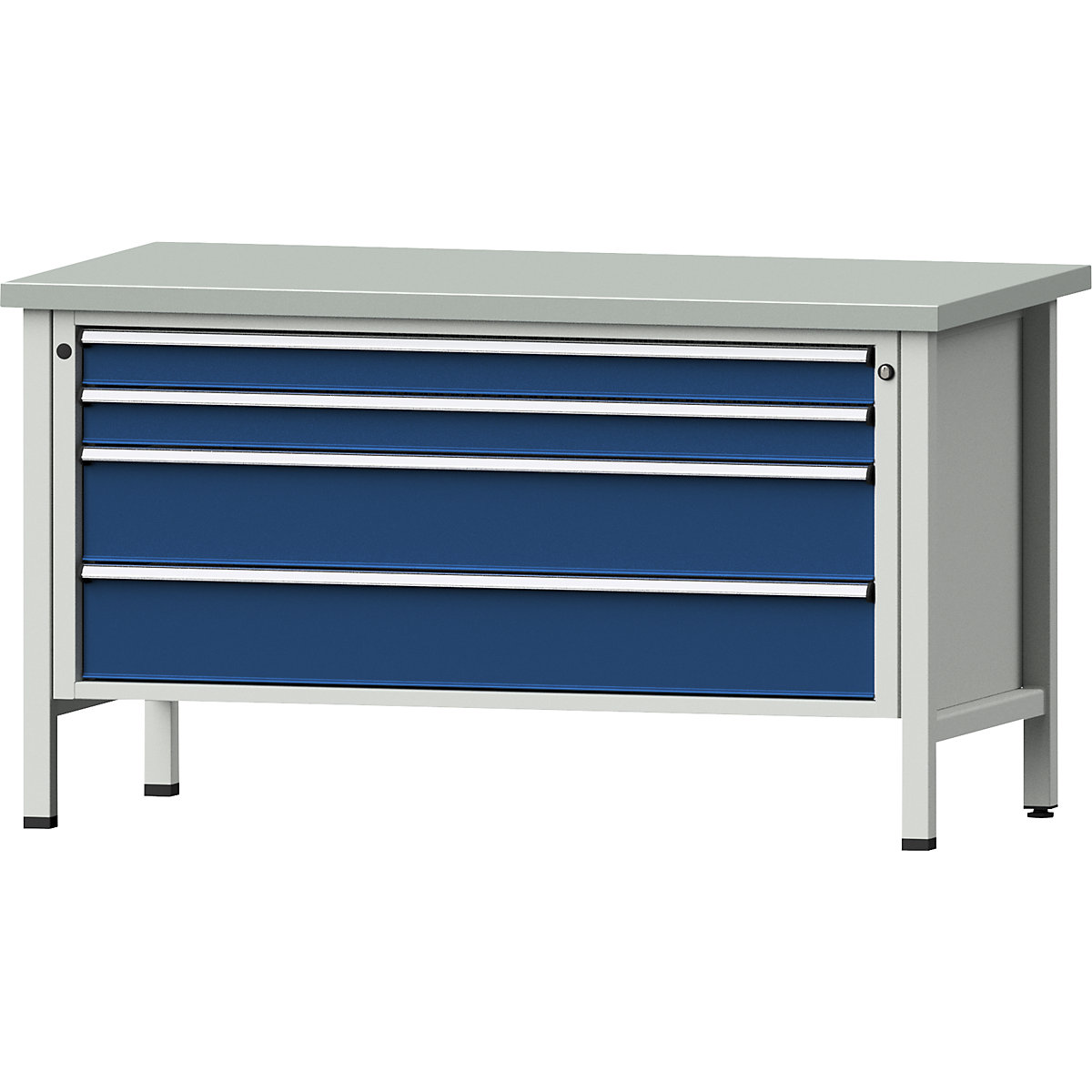 Workbench with XL/XXL drawers, frame construction – ANKE, width 1500 mm, 4 drawers, sheet steel covered worktop, front in gentian blue-11
