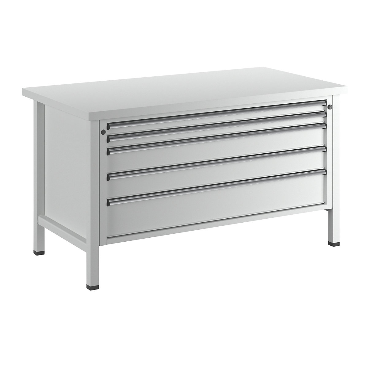 Workbench with XL/XXL drawers, frame construction – ANKE, width 1500 mm, 5 drawers, universal worktop, front in light grey-9