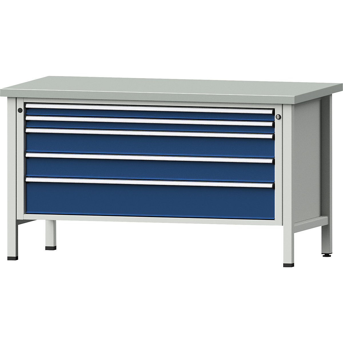 Workbench with XL/XXL drawers, frame construction – ANKE, width 1500 mm, 5 drawers, sheet steel covered worktop, front in gentian blue-8