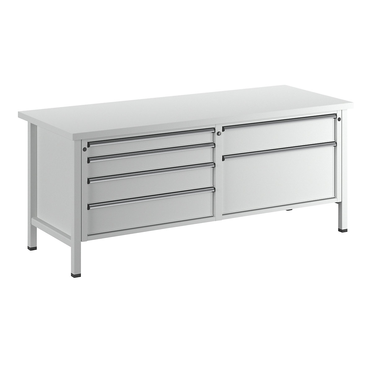 Workbench with XL/XXL drawers, frame construction – ANKE, width 2000 mm, 6 drawers, universal worktop, front in light grey-9