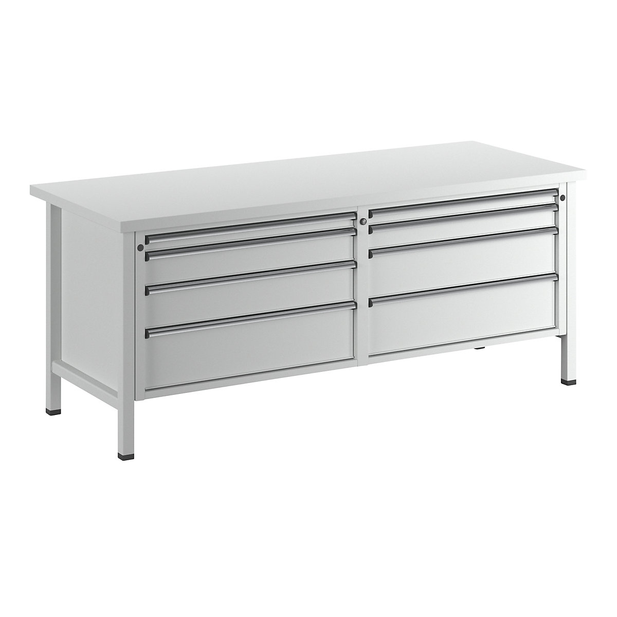 Workbench with XL/XXL drawers, frame construction – ANKE, width 2000 mm, 8 drawers, universal worktop, front in light grey-10