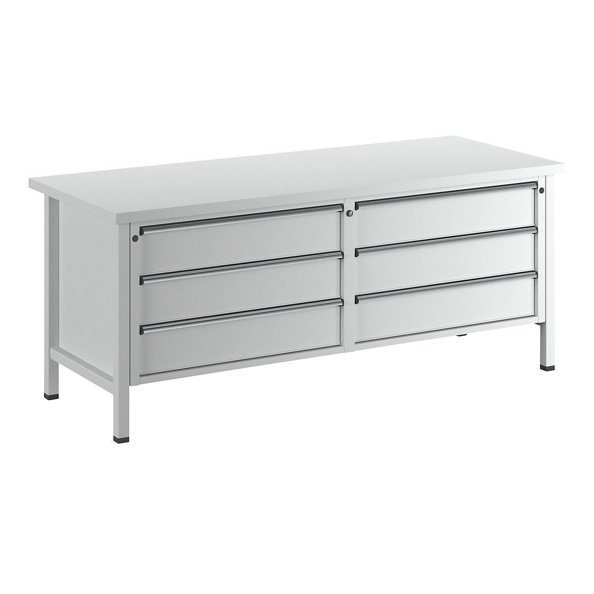 Workbench with XL/XXL drawers, frame construction – ANKE, width 2000 mm, 6 x 180 mm drawers, universal worktop, front in light grey-9