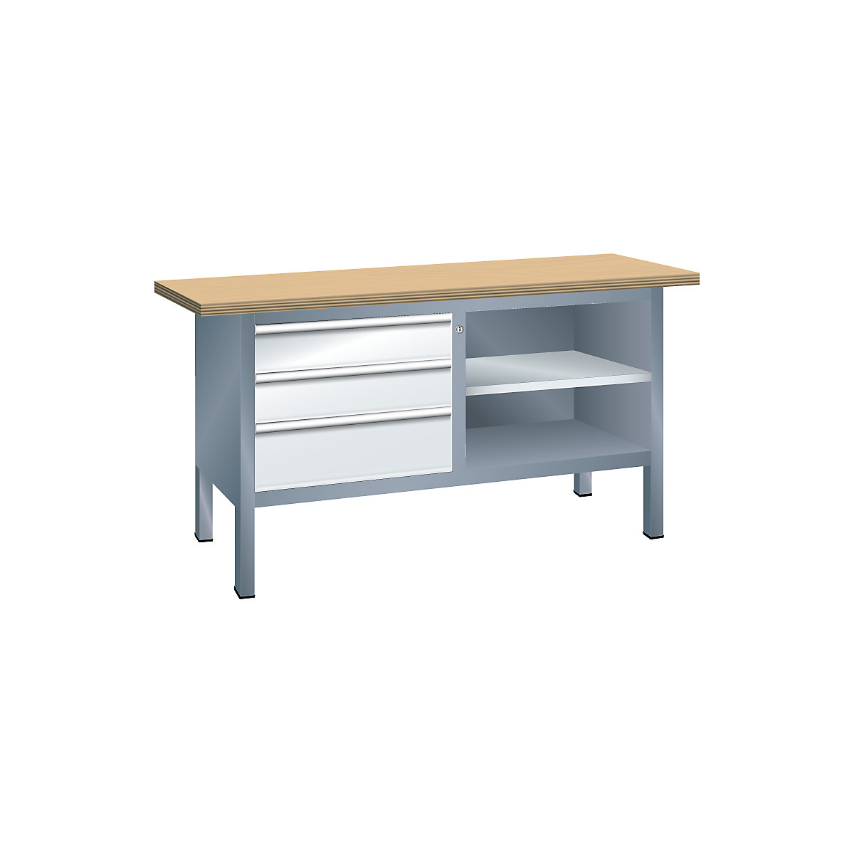 Workbench with multiplex panel, frame construction – LISTA, 3 drawers, 2 shelves, body grey metallic, front light grey-3