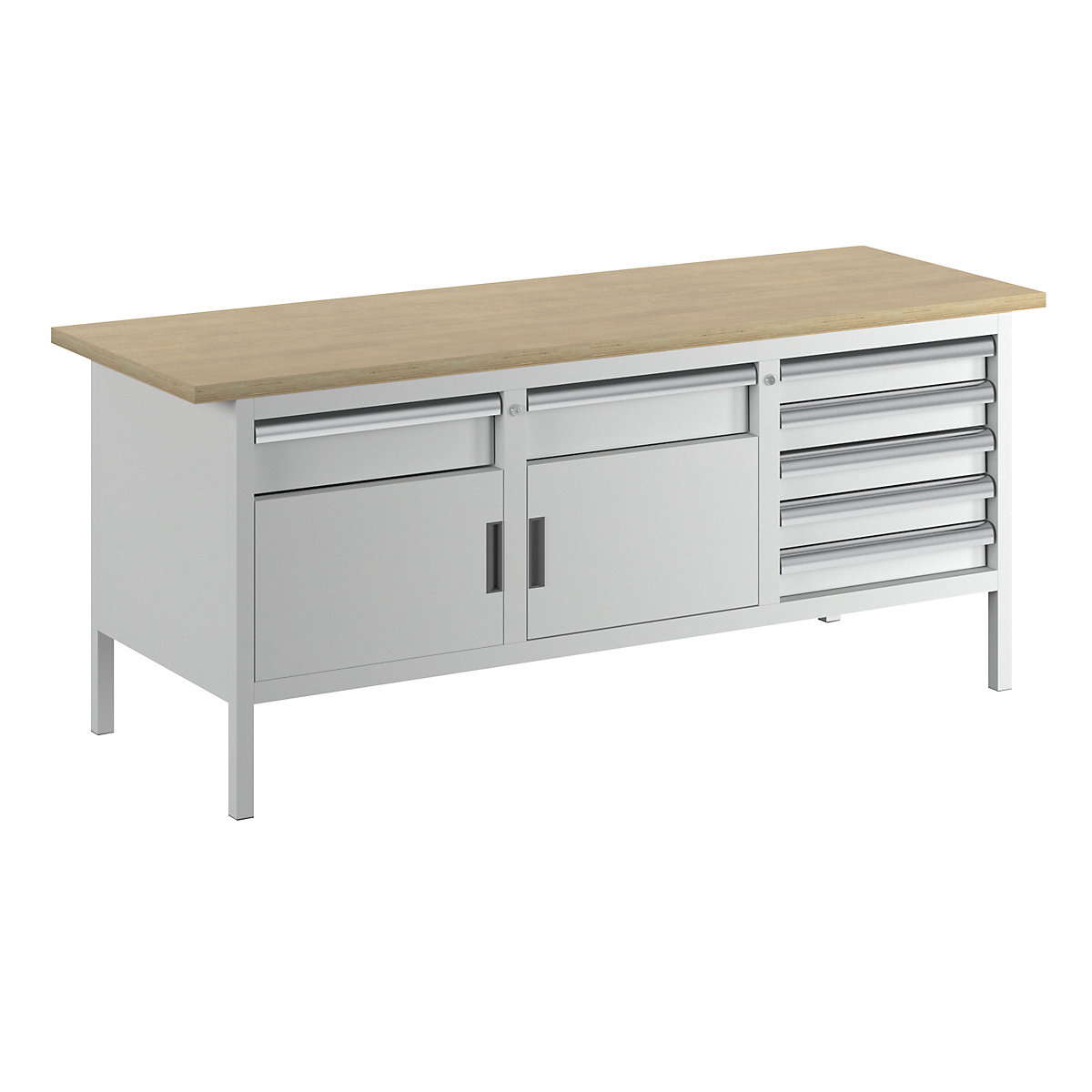 Workbench with solid beech top, frame construction – LISTA, width 2000 mm, 7 drawers, 2 doors, body light grey, front light grey-2