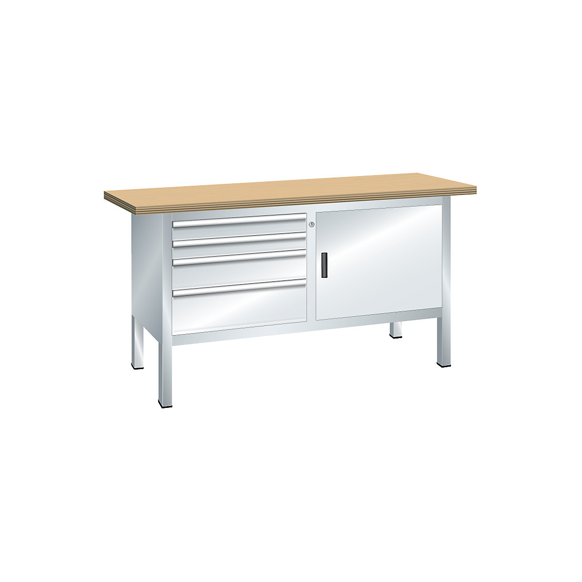 Workbench with solid beech top, frame construction – LISTA, width 1500 mm, 4 drawers, 1 door, body light grey, front light grey-2