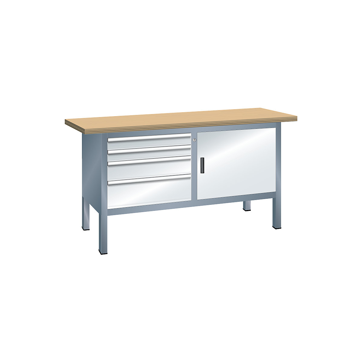 Workbench with solid beech top, frame construction – LISTA, width 1500 mm, 4 drawers, 1 door, body grey metallic, front light grey-3