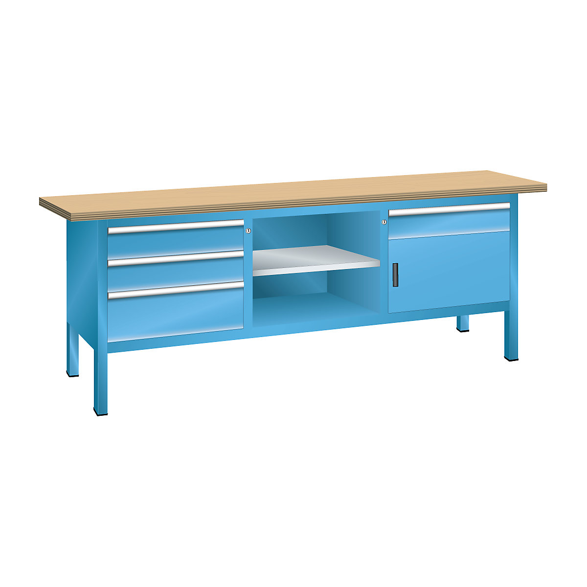 Workbench with solid beech top, frame construction – LISTA, width 2000 mm, 4 drawers, 1 door, body light blue, front light blue-2