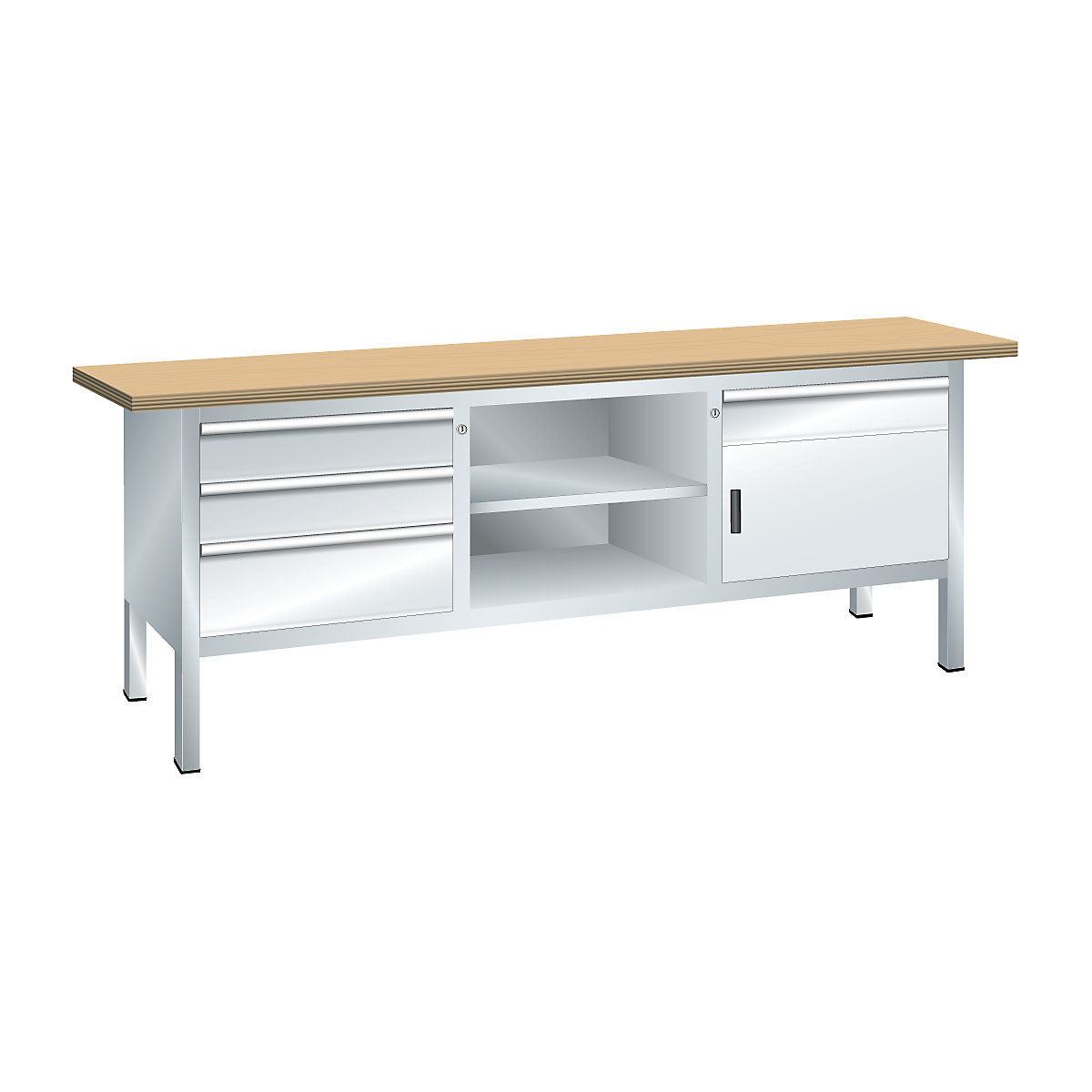 Workbench with solid beech top, frame construction – LISTA, width 2000 mm, 4 drawers, 1 door, body light grey, front light grey-3