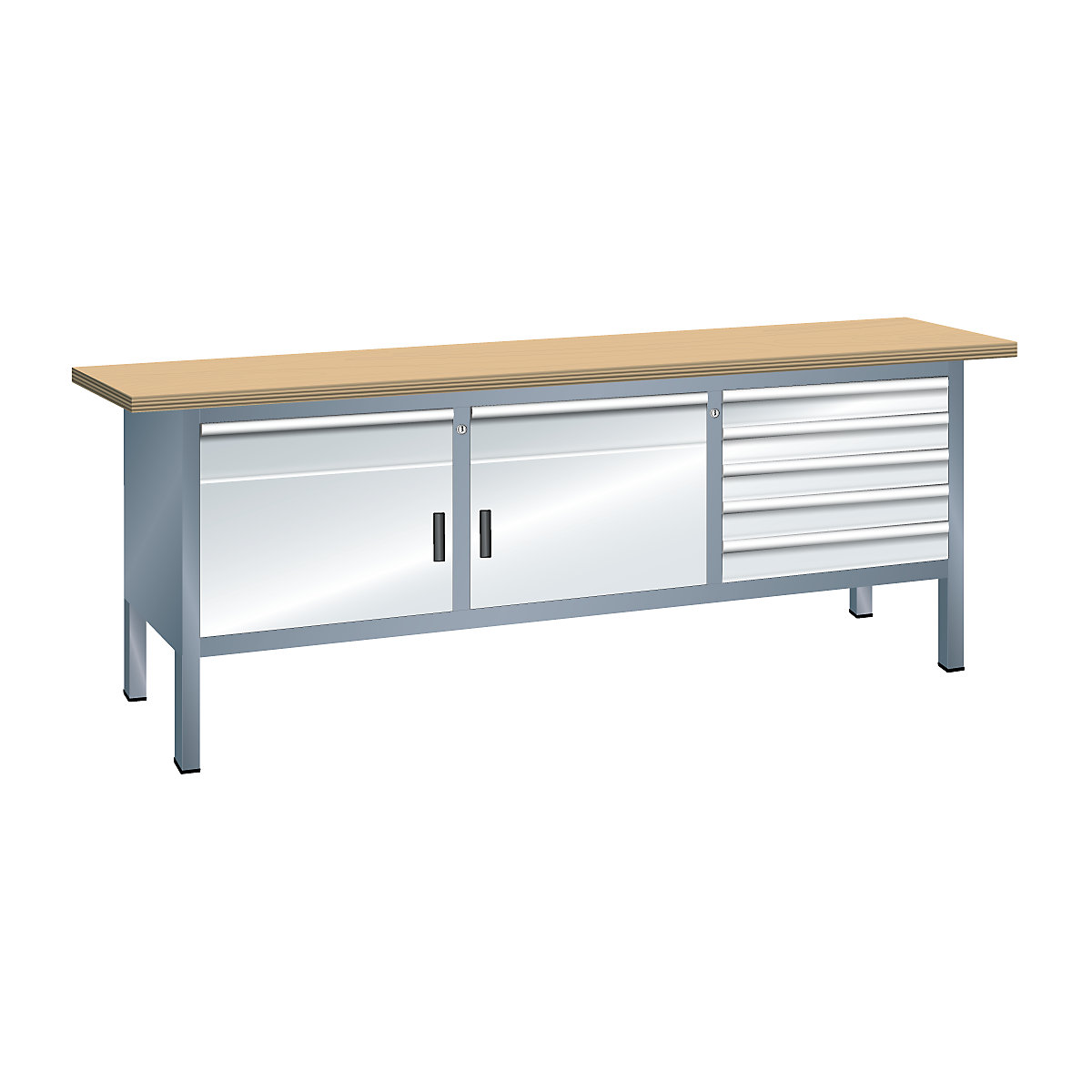 Workbench with solid beech top, frame construction – LISTA, width 2000 mm, 7 drawers, 2 doors, body grey metallic, front light grey-3