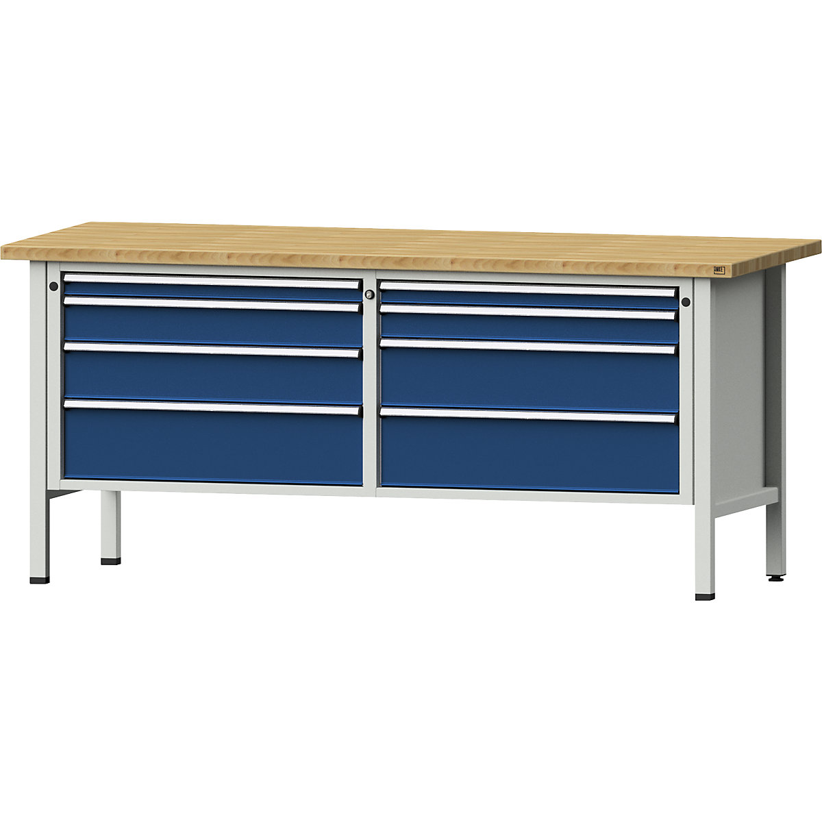 Workbenches 2000 mm wide, frame construction – ANKE, 8 drawers, solid beech worktop, height 890 mm-7