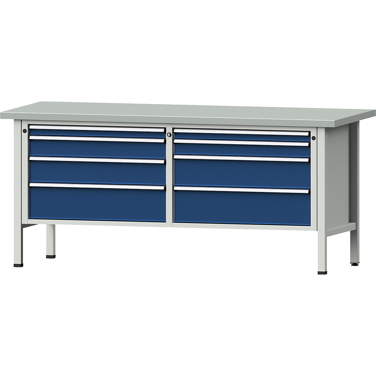 Workbenches 2000 mm wide, frame construction – ANKE, 8 drawers, sheet steel covered worktop, height 890 mm-12