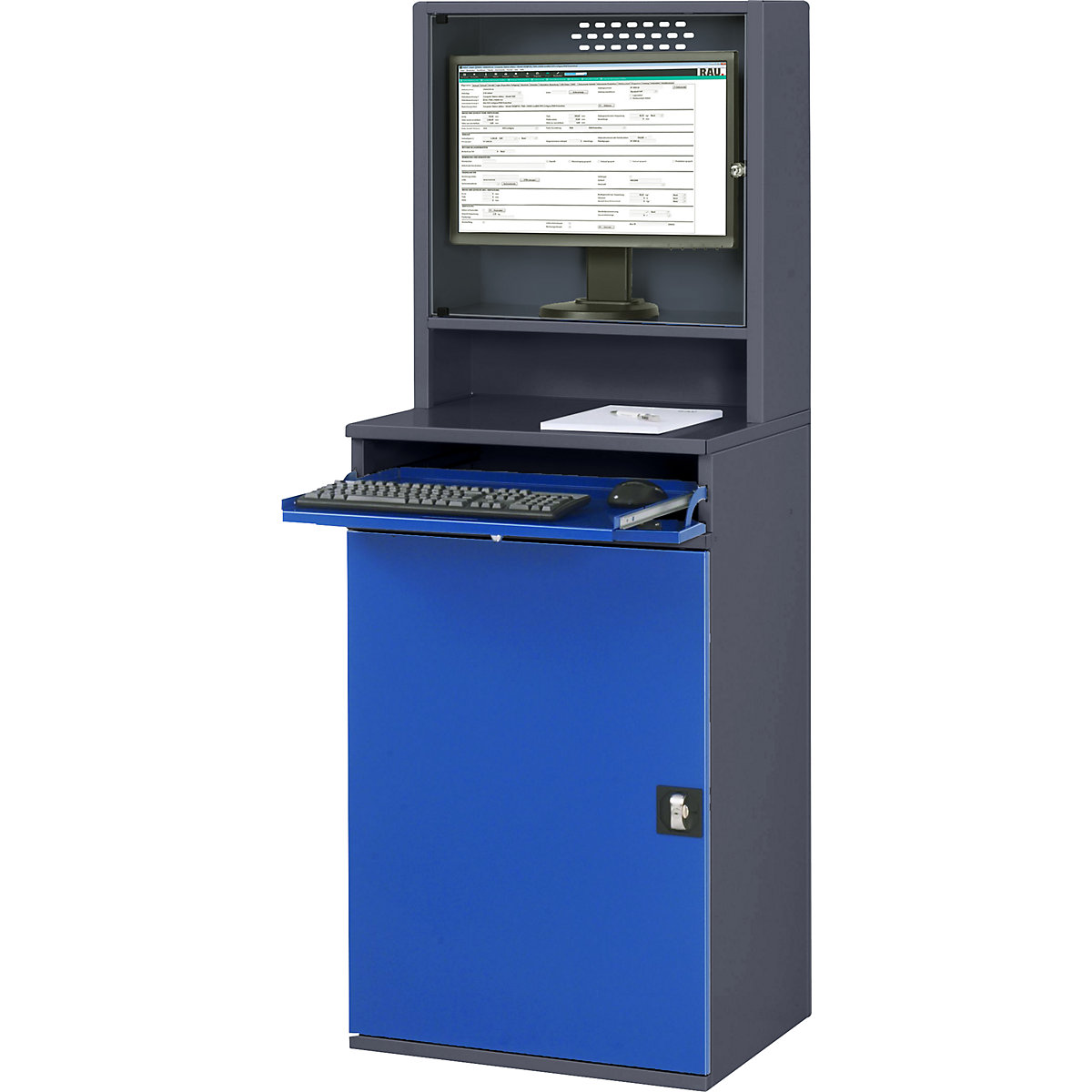 Computer workstation – RAU, monitor housing, 2 pull-out shelves, width 650 mm, charcoal / gentian blue-17